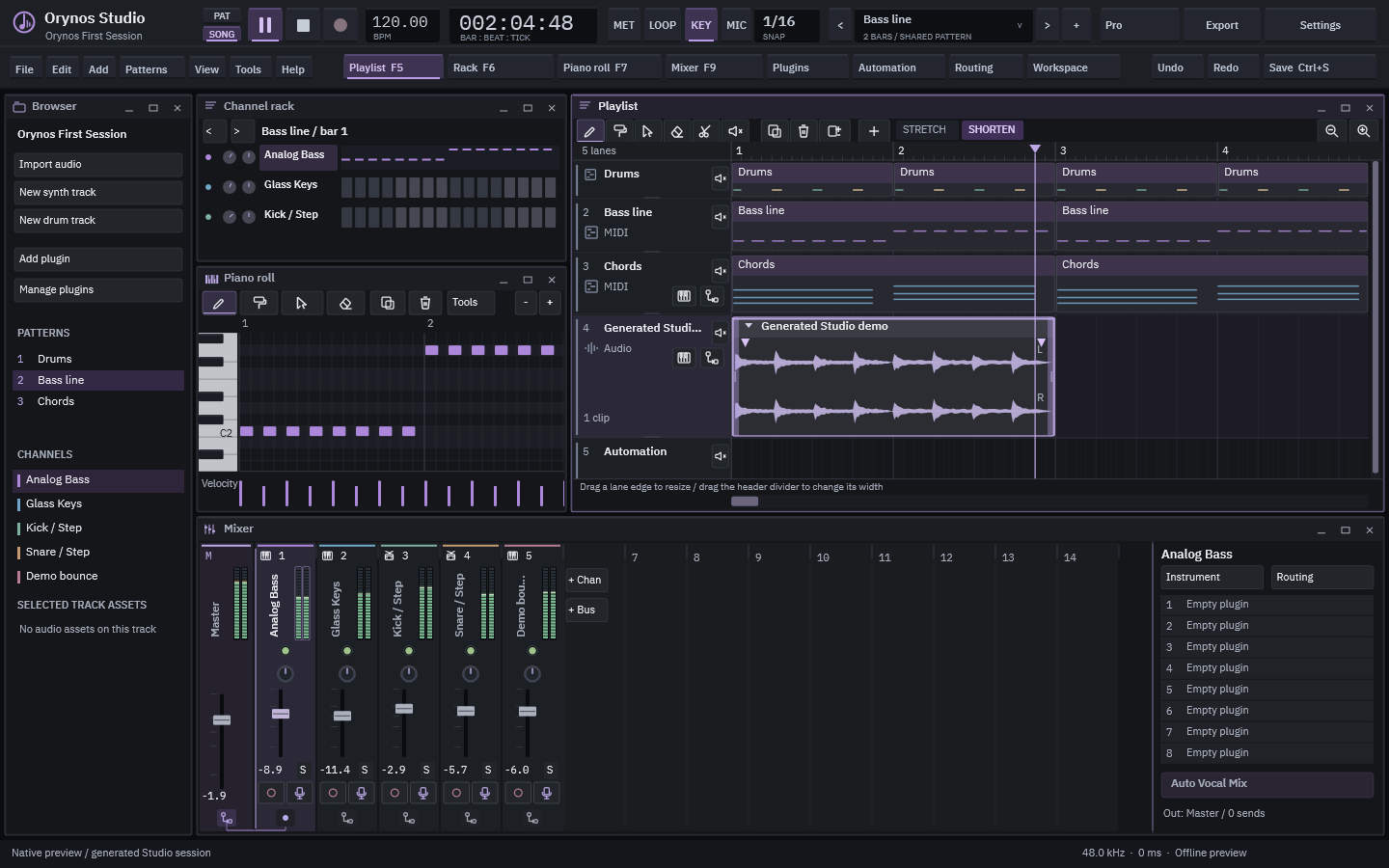 Orynos Studio with resizable Playlist, Piano roll, Channel rack and Mixer windows