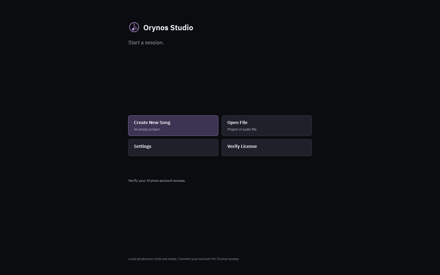 Orynos Studio start screen with Create New Song, Open File, Settings and Verify License