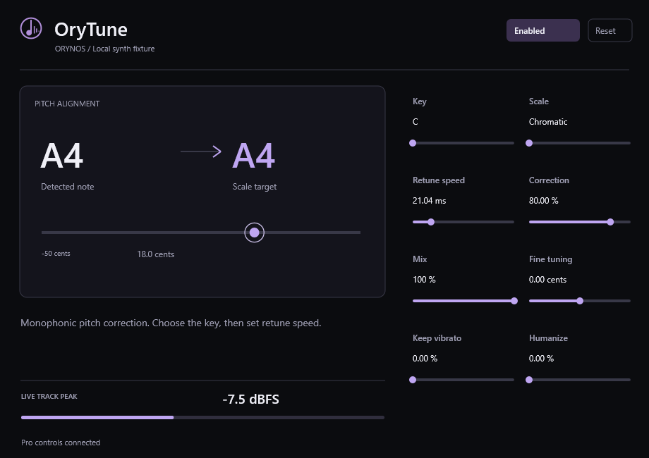 OryTune's separate editor with detected pitch, scale target and retune controls