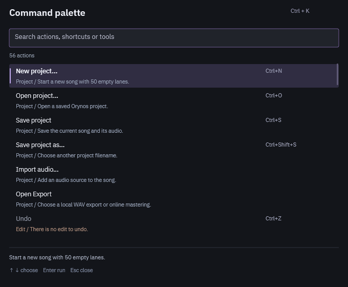 Orynos command search with actual actions, shortcuts and disabled-state explanations