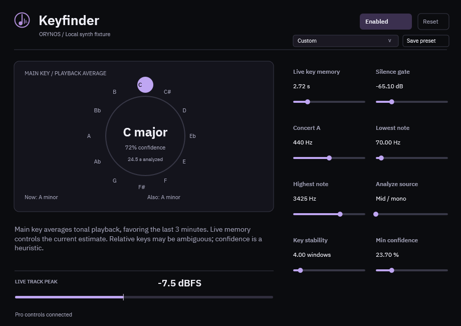 Keyfinder with playback-average main key, current key, alternative and analysis duration