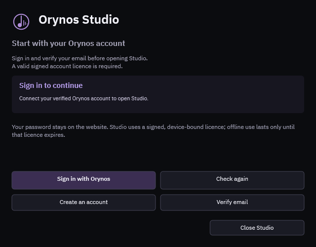 Orynos Studio account window shown before the workspace opens