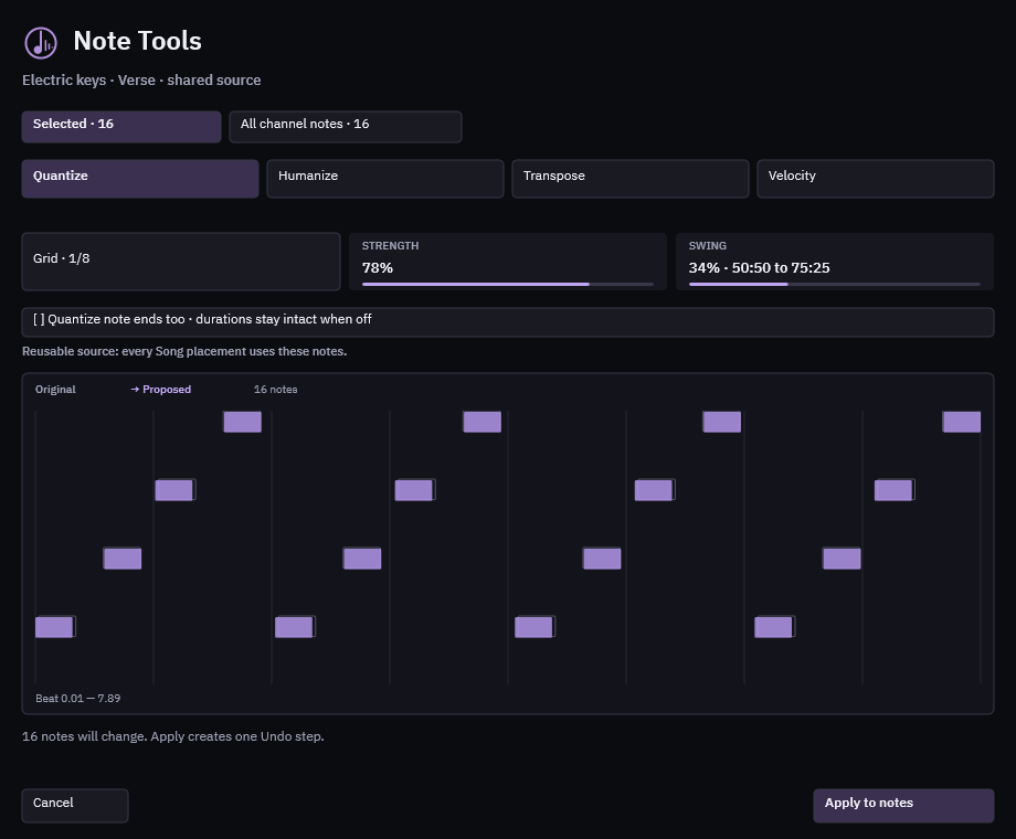 Orynos Note Tools with original and proposed notes, quantize strength and swing