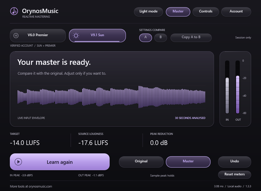 OrynosMusic Auto Master with live waveform and original/master comparison